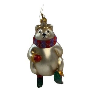 Vintage Hand Blown Glass Skiing Polar Bear With Scarf Ornament Christmas Tree